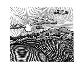 Landscape with sun, mountains and fields, vector illustration. Drawing with an ink pen and pencil. A collection of farm products.
