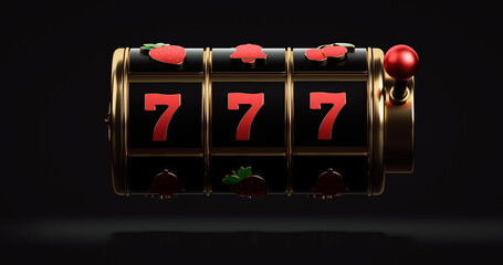 Black Red And Golden Slot Machine Isolated On The Black Background. Casino Modern Concept - 3D Illustration	