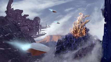 Digital 3D illustration of ships flying toward an alien hive on a fantasy planet in the distant future - sci-fi fantasy painting