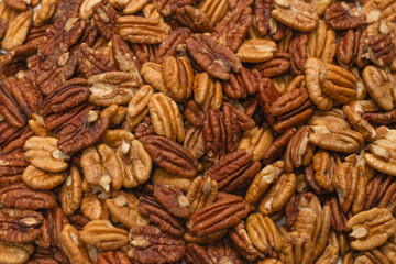 Tasty pecan-nut background. Top view.
