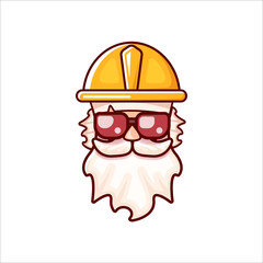 Worker with orange helmet and beard isolated on white background. 1 may Labor day icon or sign with funky man