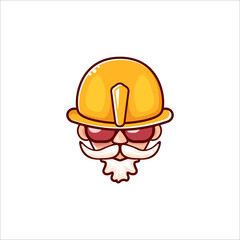 Worker with orange helmet and beard isolated on white background. 1 may Labor day icon or sign with funky man