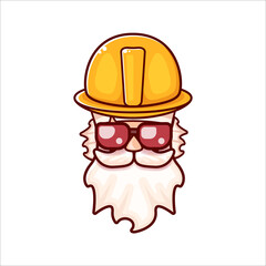 Worker with orange helmet and beard isolated on white background. 1 may Labor day icon or sign with funky man