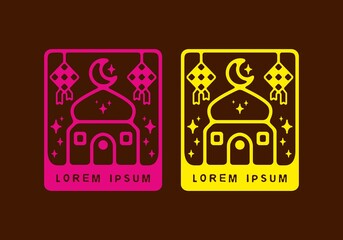 Mosque and ketupat in rectangle shape flat illustration pink and yellow color