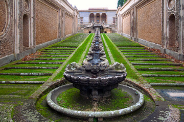 Caprarola, Farnese palace, Italy, 11/12/2013: The garden of the villa Farnese with the Casina del pleasure, a small summerhouse surrounded by statues and fountains