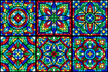 Stained-glass window with colored piece. Decorative mosaic tile pattern. - obrazy, fototapety, plakaty