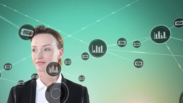 Animation of network of connections with icons over businesswoman thinking