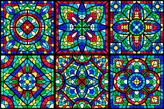 Stained-glass window with colored piece. Decorative mosaic tile pattern.