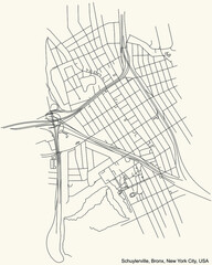 Black simple detailed street roads map on vintage beige background of the quarter Schuylerville neighborhood of the Bronx borough of New York City, USA