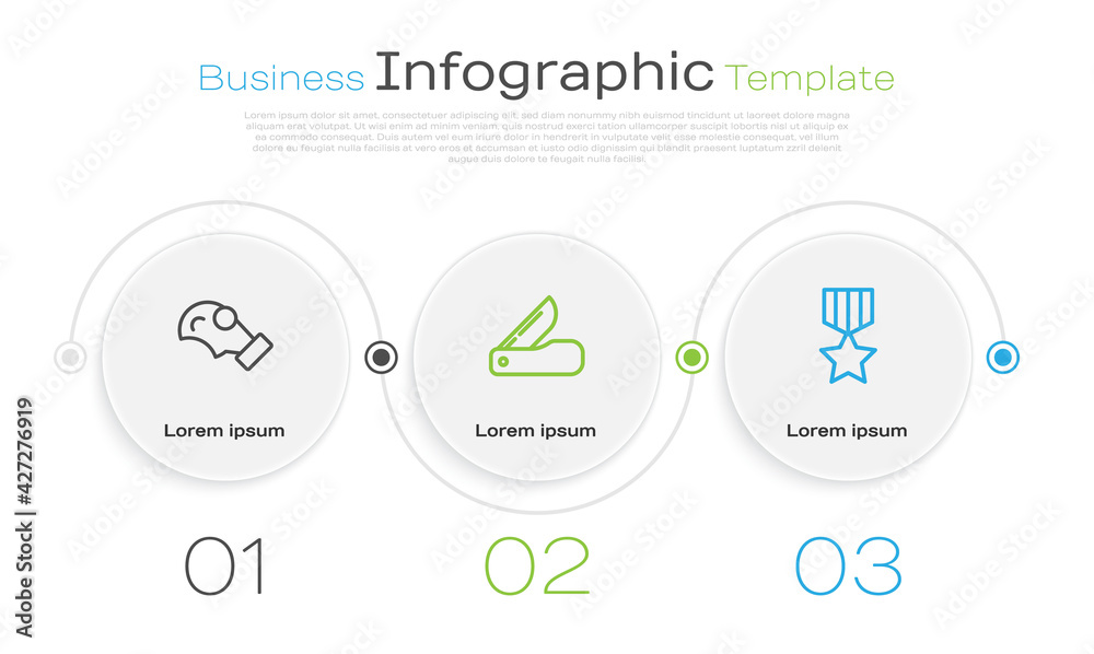 Wall mural Set line Gas mask, Swiss army knife and Military reward medal. Business infographic template. Vector