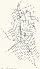 Black simple detailed street roads map on vintage beige background of the quarter Country Club neighborhood of the Bronx borough of New York City, USA