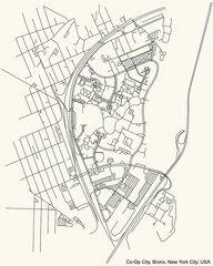 Black simple detailed street roads map on vintage beige background of the quarter Co-op City neighborhood of the Bronx borough of New York City, USA