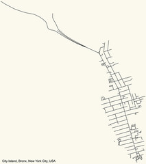 Black simple detailed street roads map on vintage beige background of the quarter City Island neighborhood of the Bronx borough of New York City, USA