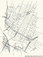 Black simple detailed street roads map on vintage beige background of the quarter Mott Haven neighborhood of the Bronx borough of New York City, USA
