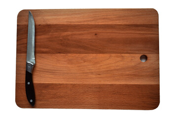 wooden cutting board with kitchen knife with knife isolated on white background
