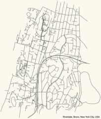 Black simple detailed street roads map on vintage beige background of the quarter Riverdale neighborhood of the Bronx borough of New York City, USA