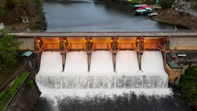 Beautiful Scenery evening aerial view Kiew Lom Dam, Lampang, Thailand, Water management concept.