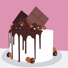 Sweet cake with chocolate glaze. Vector illustration. Celebration cake.