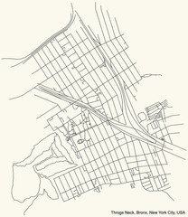 Black simple detailed street roads map on vintage beige background of the quarter Throgs Neck neighborhood of the Bronx borough of New York City, USA