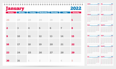 Calendar 2022 planner template. Week Starts on Sunday. Set of 12 Months. Vector Illustration