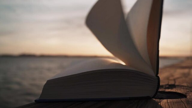 Book pages blowing in the wind by the water during sunset (Cinematic Slow Motion)