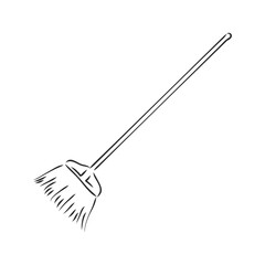 Black outline vector broom on white background.