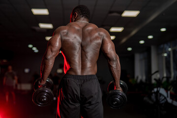 Fototapeta na wymiar Athlete man doing back exercises. African athlete in the gym.