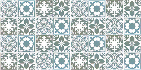 Seamless blue gray white vintage retro geometric square mosaic flower leaf ornate motif cement...