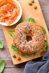 Bagels with cream cheese and salmon. Plating, fast lunch, meal. 