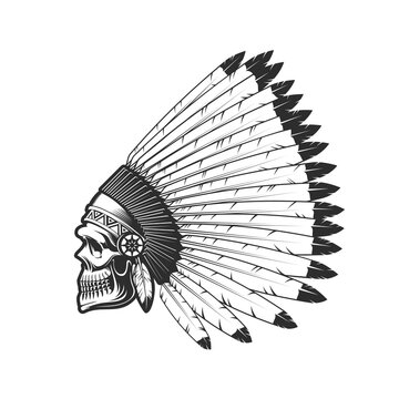 Indian chief skull tattoo, American native warrior head in feather headdress hat. Native American Indian Apache or Cherokee tribe chief skull in plumage headwear, skeleton profile