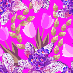 Primula. leaves and tulips, abstract seamless pattern.