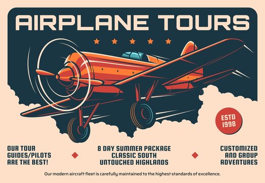 Airplane tours service, air travel retro banner. Vector airplane, pilot and guide rent, summer vacation touristic adventure vintage promo poster. Antique propeller monoplane aircraft flying in clouds
