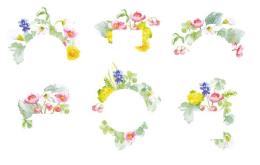Set of floral watercolor frames. Hand painted bouquets of spring flowers isolated on white background