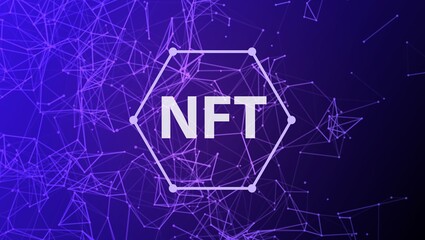 NFT non-fungible token concept on polygonal abstract background. Plexus connect lines with polygonal shapes on dark blue backdrop and white non fungible token sign. Vector card illustration.