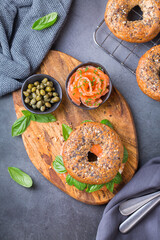Bagels with cream cheese and salmon. Plating, fast lunch, meal. 