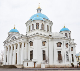 Fototapeta na wymiar Beautiful white stone large Orthodox cathedral with blue domes.
