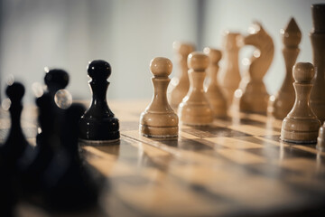 Wooden chess pieces on the chessboard.