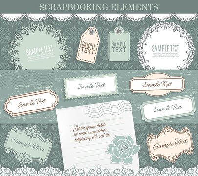 Scrapbooking Elements, Vector Paper Stickers. Design Elements For Scrapbook Decoration On Background With Retro Flourishes And Borders, Tags And Labels For Text And Notes Or Messages In Vintage Style