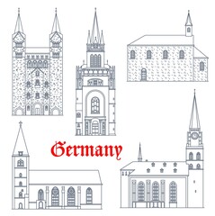 Obraz premium Germany travel landmarks, gothic castles and cathedrals vector icons, Germany buildings. St Maria church in Lemgo and Bielfeld, Hoxter Corvey Abbey, Saint Nikolai chapel in Soest and Pfalz in Aachen