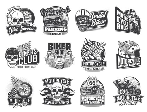 Motorcycle races and biker garage icons, skull and moto wheel on wings vector symbols. Motorcycle racing and chopper bikes show, mechanic repair and tuning garage service or parking sign with helmet