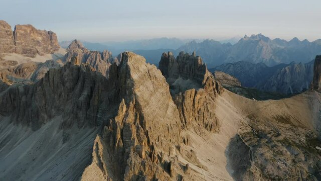 Aerial view over Locatelli Dreizinnen refuge at Three Peaks of Lavaredo - Tre cime di Lavaredo. Sexten Dolomites Alps, Italy