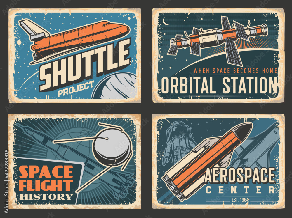 Poster space retro posters, orbital station and shuttle rocket launch project for galaxy exploration. vecto