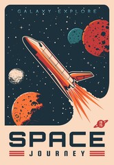 Space journey with shuttle spaceship retro vector banner. Rocket flying in outer space, planets and satellites, stars. Galaxy explore mission, astronomy science and stellar travel poster © Vector Tradition
