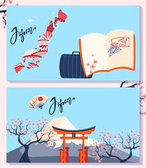 Japan banner, asia traditional, asian background suitcase, art nature sketch, design, cartoon style vector illustration.
