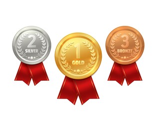 Medal with ribbon vector icons of sport prize, reward certificate, winner trophy or champion honor award. Gold, silver and bronze medals with red tapes and laurel wreaths, 1st, 2nd, 3rd place awards