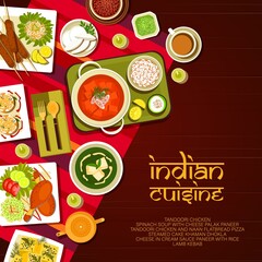 Indian restaurant food menu cover. Palak Paneer soup, Indian coconut cookies and Naan flatbread, lamb kebab, Khaman Dhokla cake and Tandoori chicken, masala tea, paneer cheese in cream sauce vector