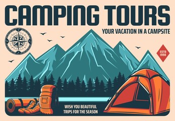 Camping tours and mountain hiking or climbing travel, outdoor tourism, vector retro poster. Mountain trekking and campsite vacation expedition, camping tent and backpack for rafting or kayaking - obrazy, fototapety, plakaty