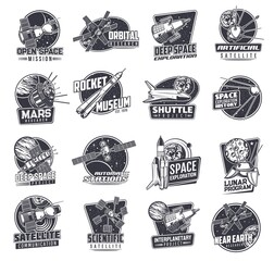 Space vector retro icons with spaceships or satellites. Mars research, lunar program, rocket museum and near earth orbital station. Artificial sputnik deep space exploration, scientific research signs