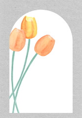 Spring tulips bouquet arc, abstract watercolor free-hand illustration for postcard, invitation, banner