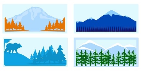 Mountain set, outdoor nature landscape, tourism graphics, silence nature banner, design, in cartoon style vector illustration.